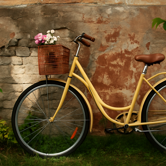 Nuotaikingas atvirukas su geltonu dviračiu dovanai