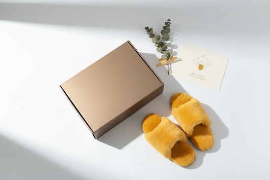 Dovanų rinkinys su geltonomis vilnonėmis šlepetėmis, dėžute ir atviruku.