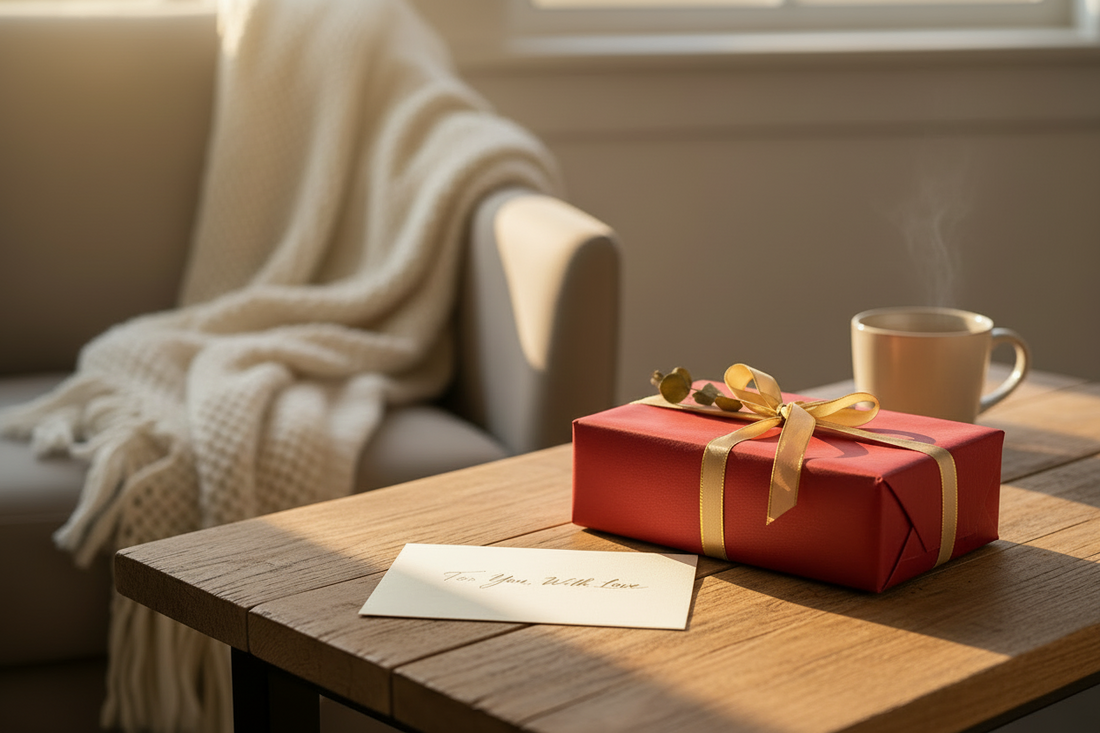 Premium dovanų rinkinys raudonoje dėžutėje - geltonos vilnonės šlepetės kaip dovana