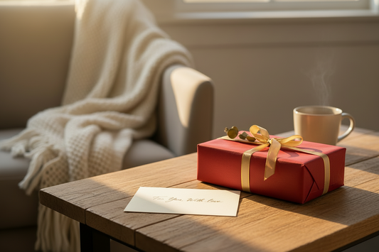 Premium dovanų rinkinys raudonoje dėžutėje - geltonos vilnonės šlepetės kaip dovana