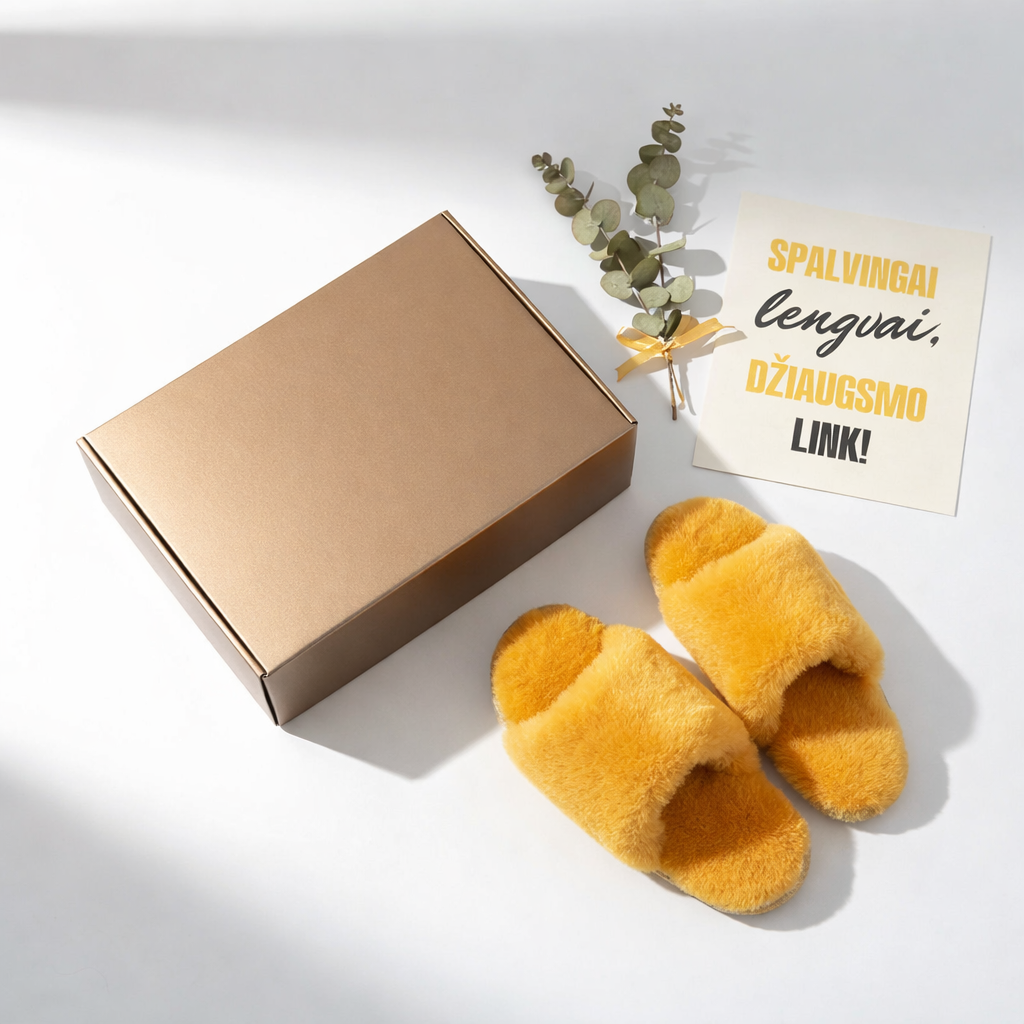 Dovanų rinkinys su geltonomis vilnonėmis šlepetėmis auksinėje dėžutėje