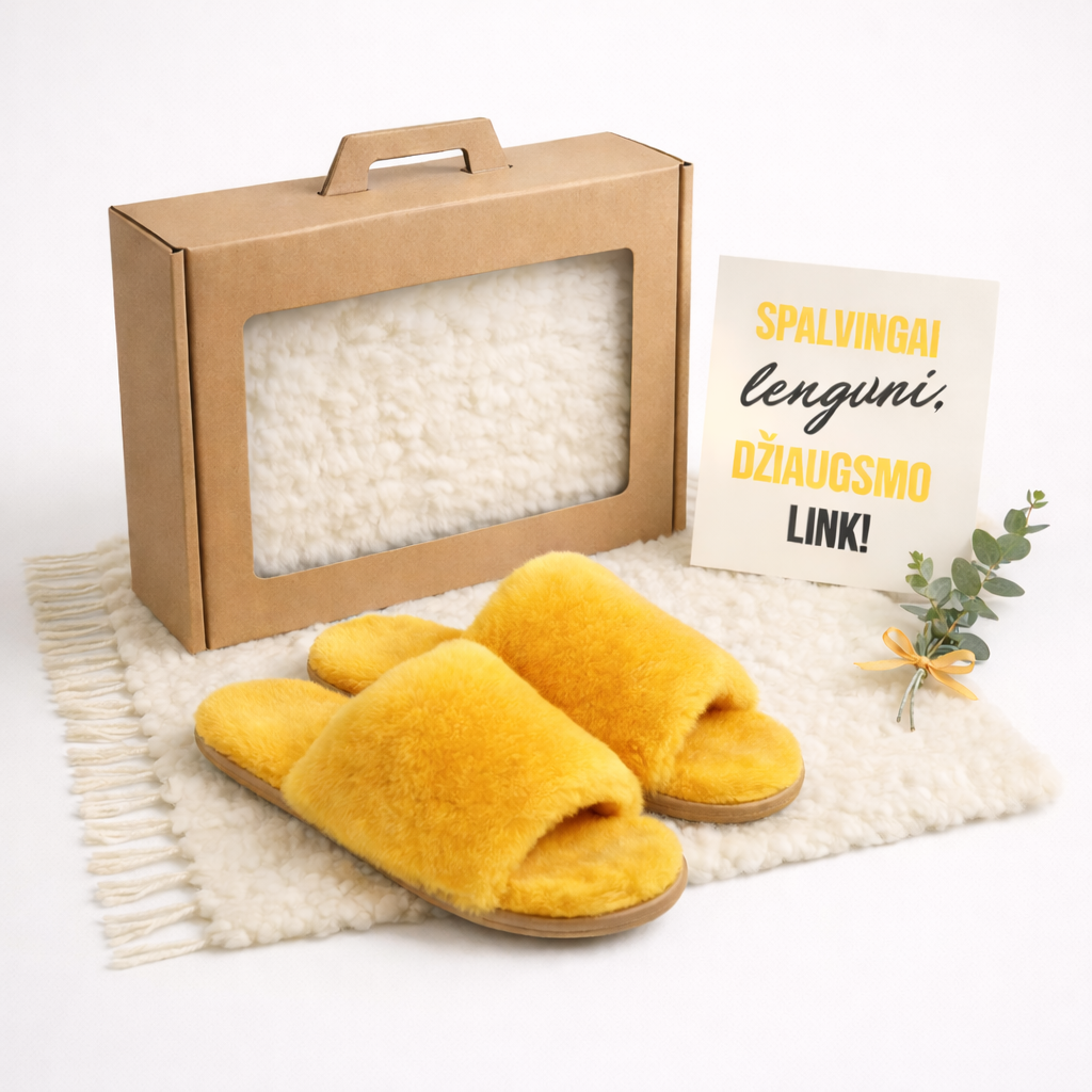 Dovanų rinkinys su geltonomis vilnos šlepetėmis ir baltu vilnoniu kilimu