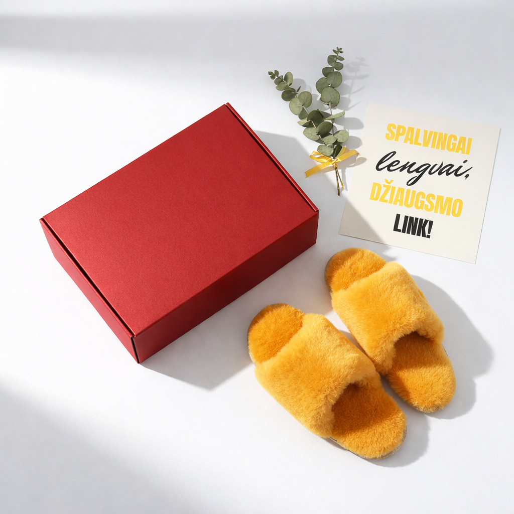 Dovanų rinkinys su geltonomis vilnonėmis šlepetėmis raudonoje šventinėje dėžutėje