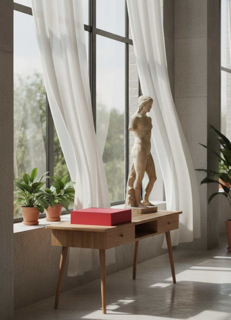 Raudona dovanų dėžutė vilnonėms šlepetėms geltonos spalvos